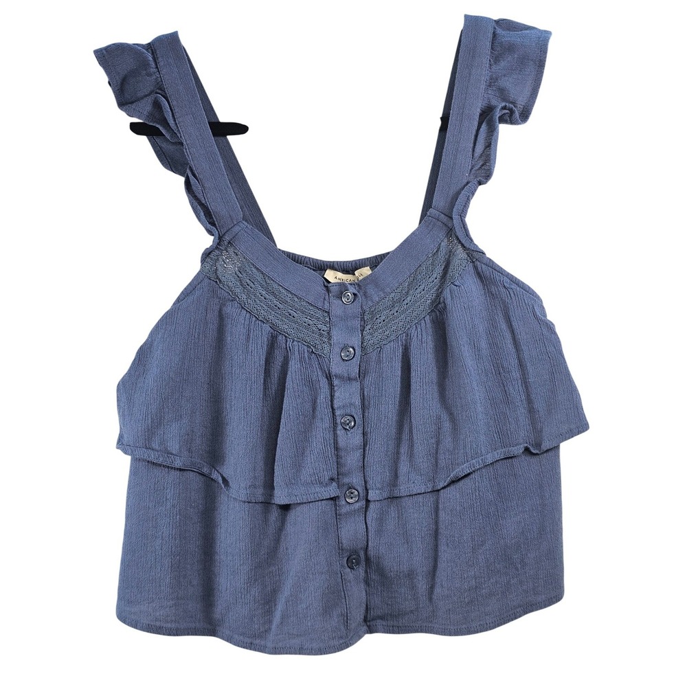 American Eagle Blue Ruffle Lace Trim Button Front Crop Tank Top Womens XSâ